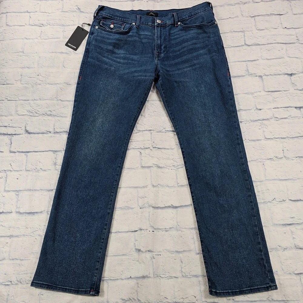 True Religion Ricky Relaxed Straight MENS 38X34 Dark Wash Red Stitch Jeans